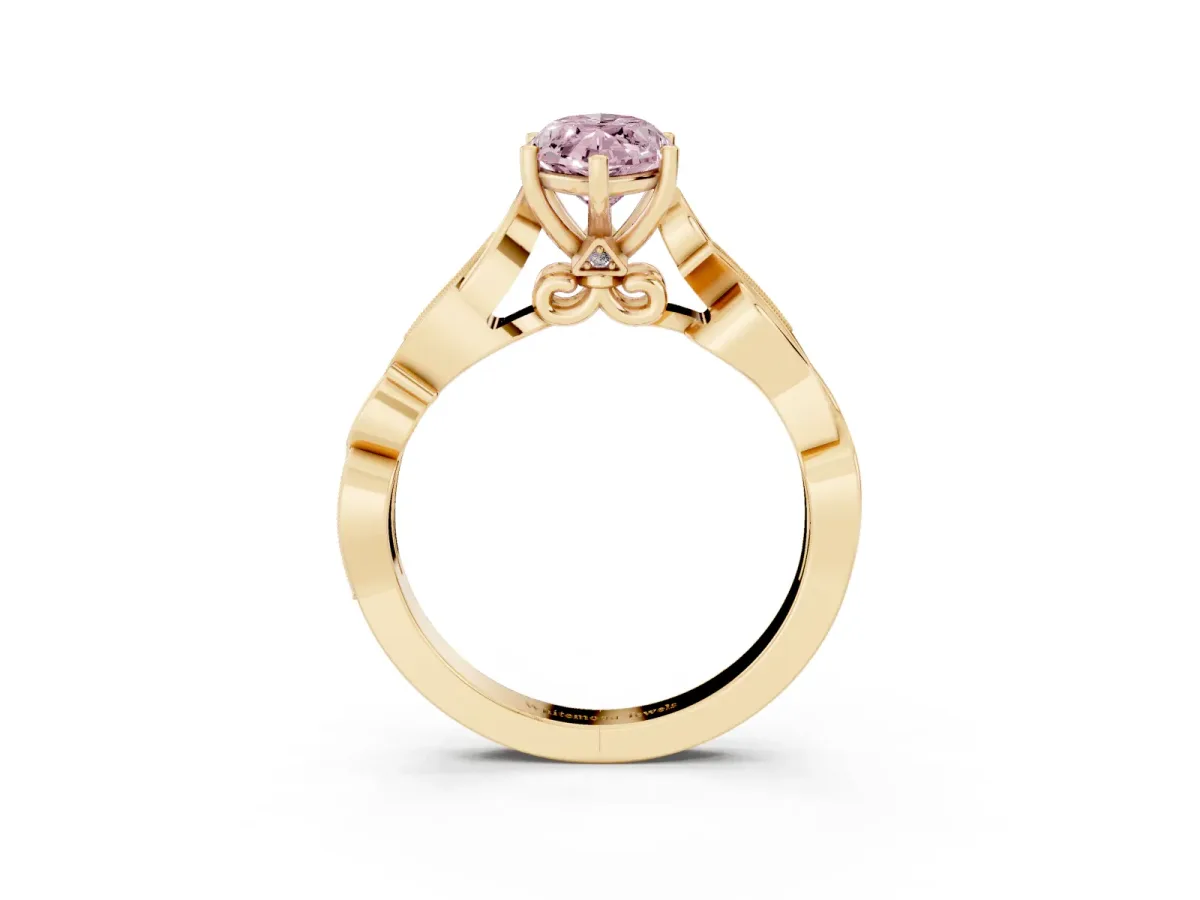 Fancy Pink Marquise Cut Solitaire Vine Band with Milgrain Prong Setting Yellow gold