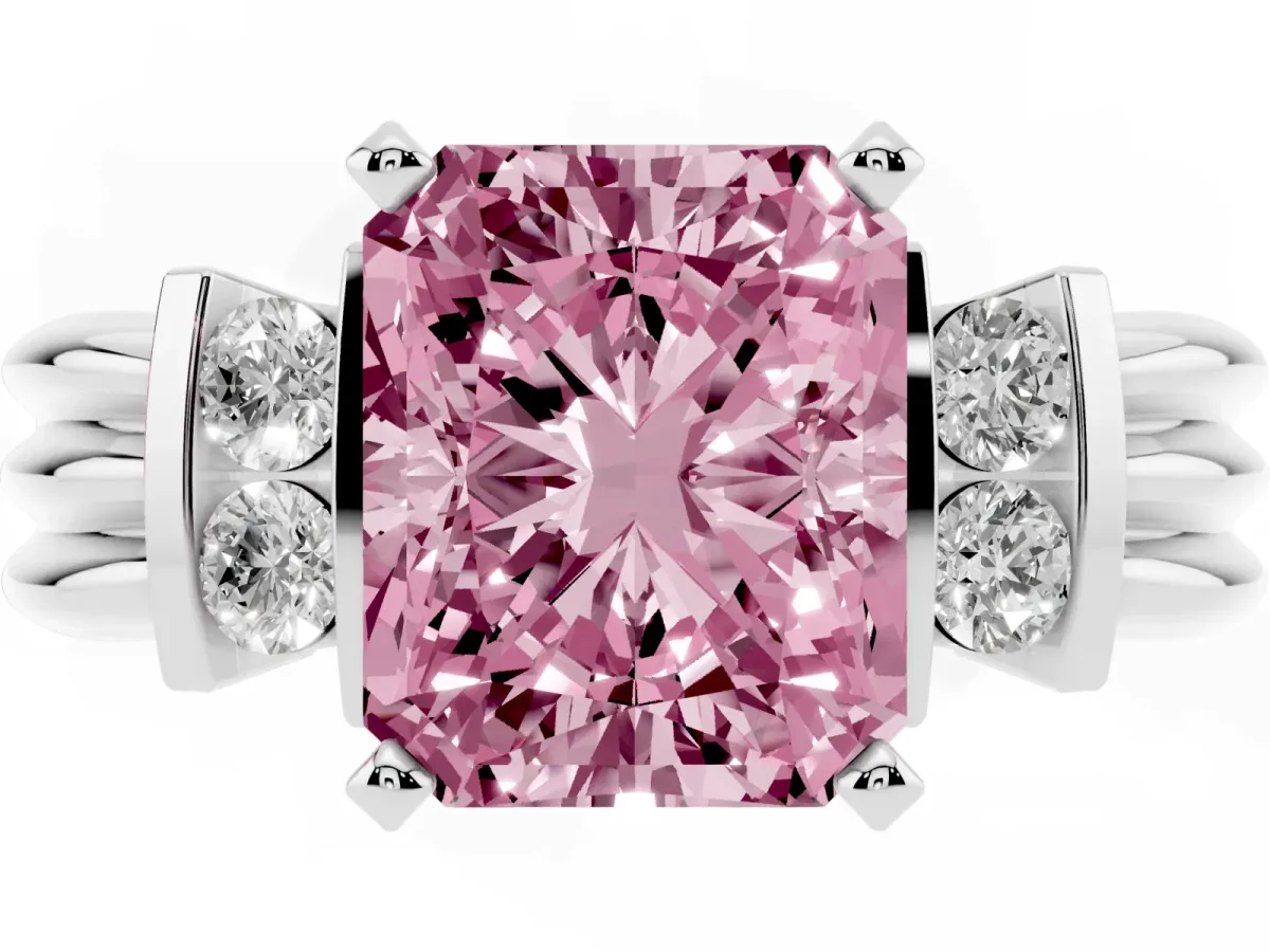 Fancy Pink Radiant Cut Cut Three-Stone Channel Set Ring with Bar Prongs Silver