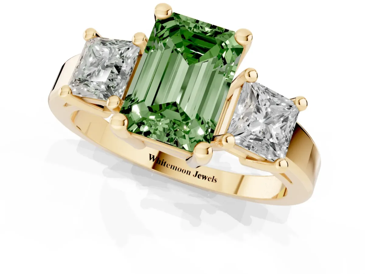 Fancy Green Three-Stone Emerald Cut Cut Solitaire Ring with Prong Setting Yellow gold