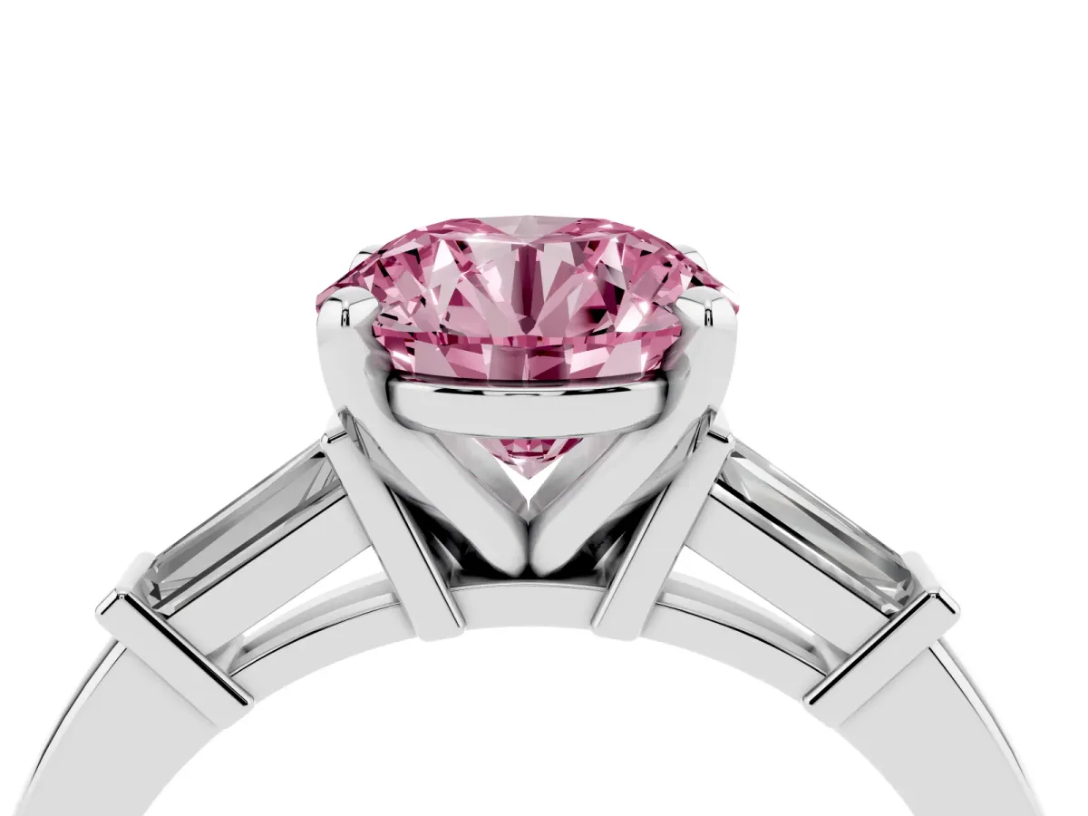 Fancy Pink Round Cut Cut Diamond Solitaire Ring with Tapered Baguette Accents and Four-Prong Setting Silver