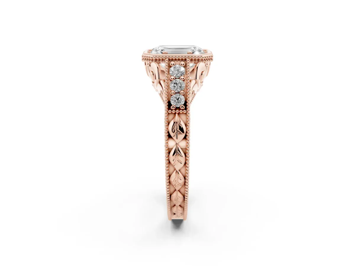 Bezel Set Emerald Cut Diamond Milgrain Pave Engagement Ring Rose gold