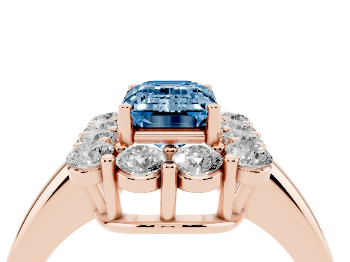 Fancy Blue Emerald Cut Halo Cluster Diamond Engagement Ring with Prong Setting and Polished Band Rose gold