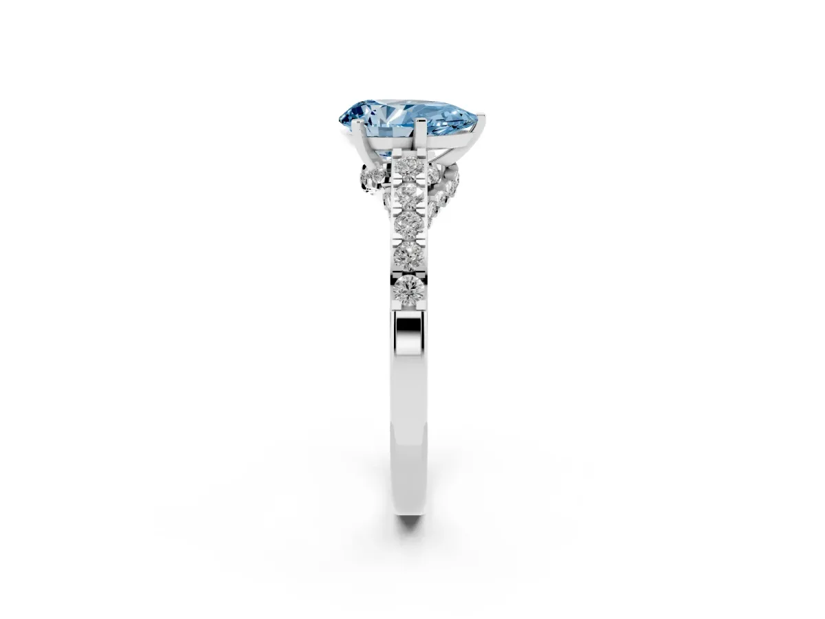 Fancy Blue Pear Cut Diamond Solitaire Ring with Crossover Gallery and Round Pavé Band Platinum