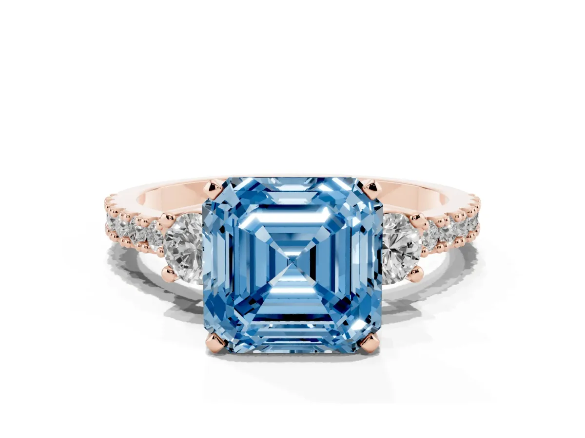 Fancy Blue Asscher Cut Three-Stone Diamond Pavé Band with Prong Setting Rose gold