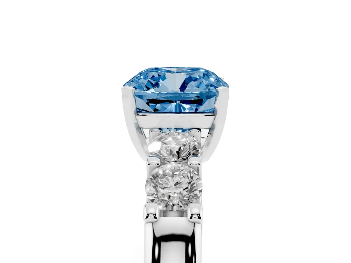 Fancy Blue Cushion Cut Brilliant Cut Diamond Five-Stone Prong Set Engagement Ring with Channel Band White gold