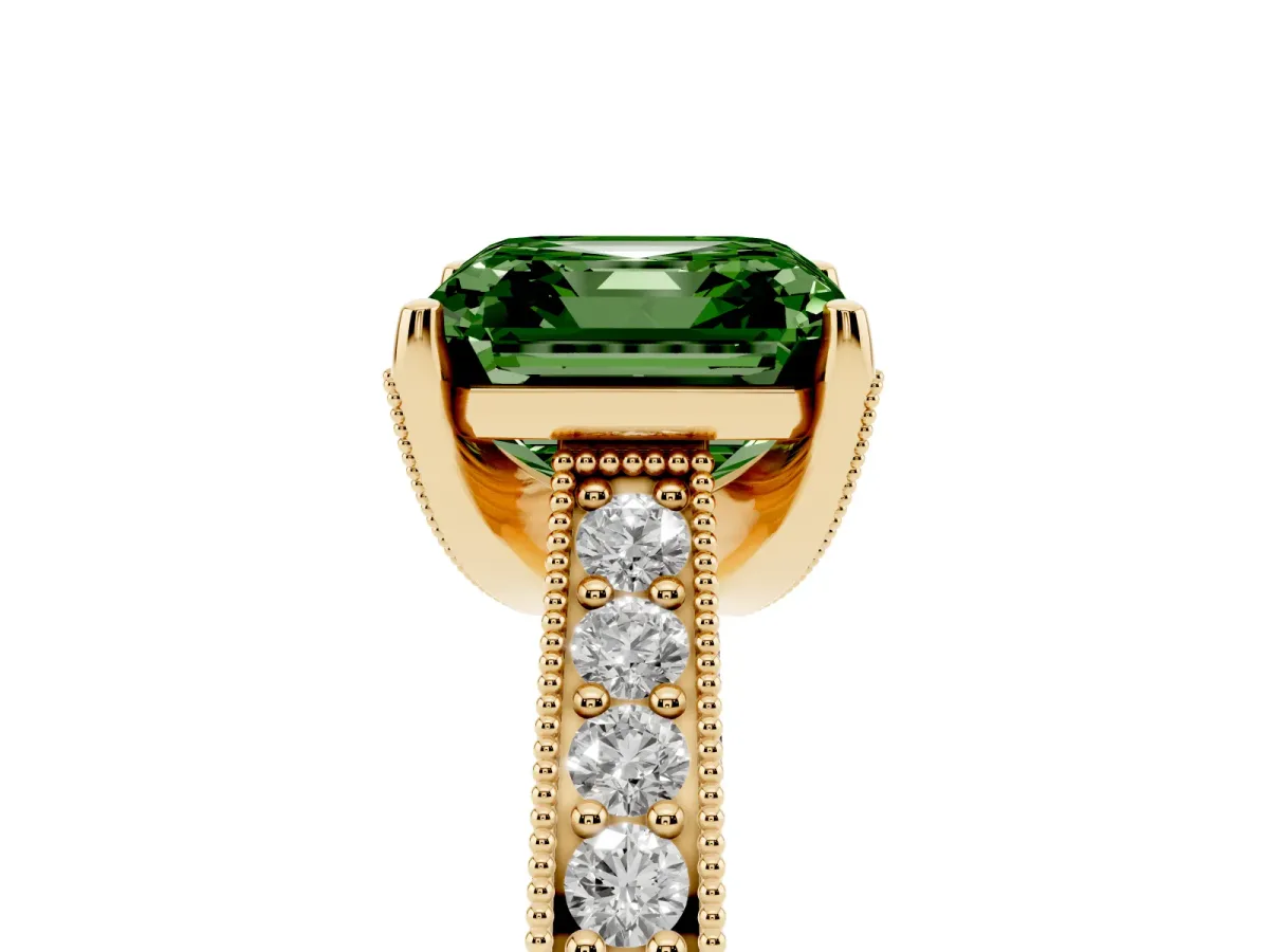 Fancy Green Asscher Cut Cut Diamond Solitaire Ring with Milgrain Pave Band and Four Prong Setting Yellow gold