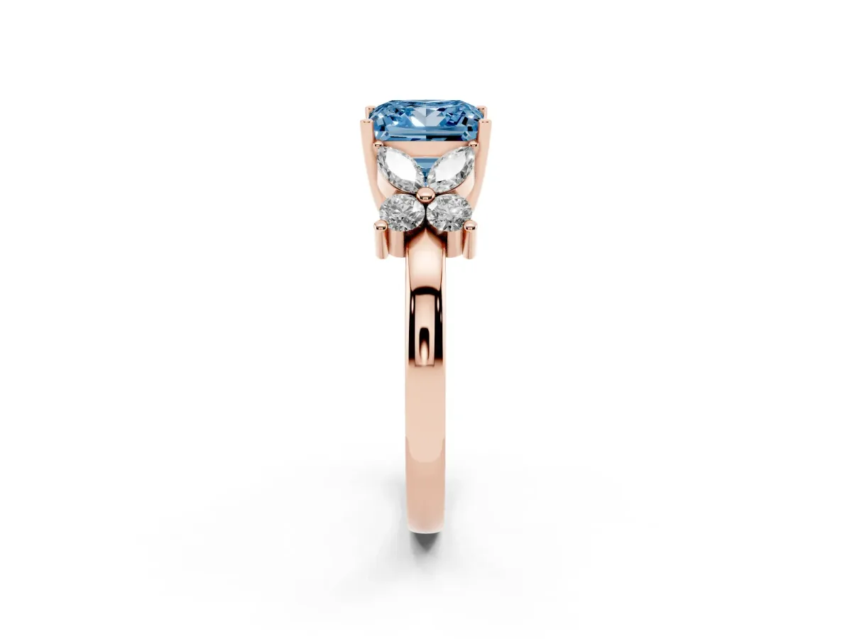 Fancy Blue Princess Cut Diamond Floral Cluster Ring with Solitaire Band and Prong Setting Rose gold