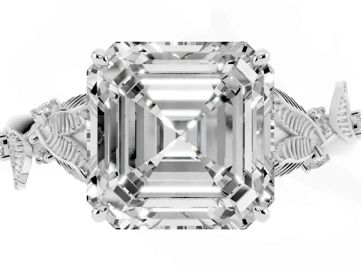 Asscher Cut Diamond Solitaire Ring with Leaf Motif Band and Four-Prong Setting Silver