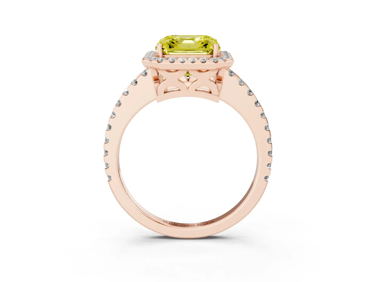 Fancy Yellow Asscher Cut Diamond Halo Engagement Ring with Pavé Band and Prong Setting Rose gold