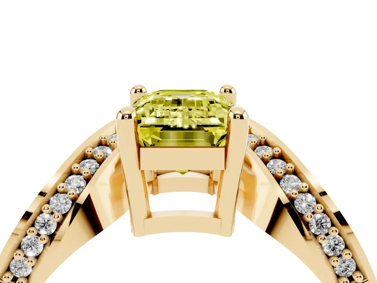 Fancy Yellow Emerald Cut Solitaire Diamond Engagement Ring with Pave Band and Four-Prong Setting Yellow gold