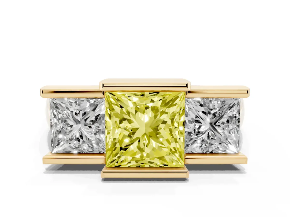 Fancy Yellow Three Stone Princess Cut Cut Channel Set Diamond Ring Yellow gold