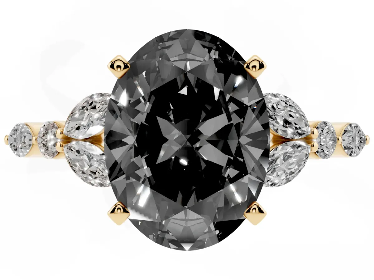 Fancy Black Oval Cut Diamond Solitaire Ring with Side Stones and Four-Prong Setting Yellow gold