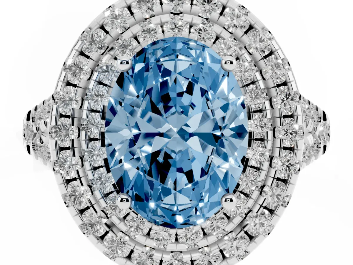 Fancy Blue Double Halo Oval Cut Diamond Pavé Split Shank Ring with Prong Setting White gold