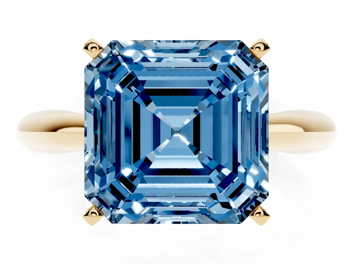 Fancy Blue Asscher Cut Diamond Solitaire Engagement Ring with Cathedral Setting and Four-Prong Mount Yellow gold