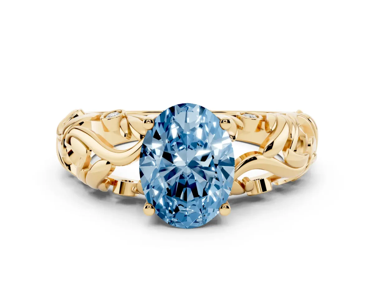 Fancy Blue Oval Cut Solitaire Diamond Leaf-Inspired Vine Band Ring with Prong Setting Yellow gold