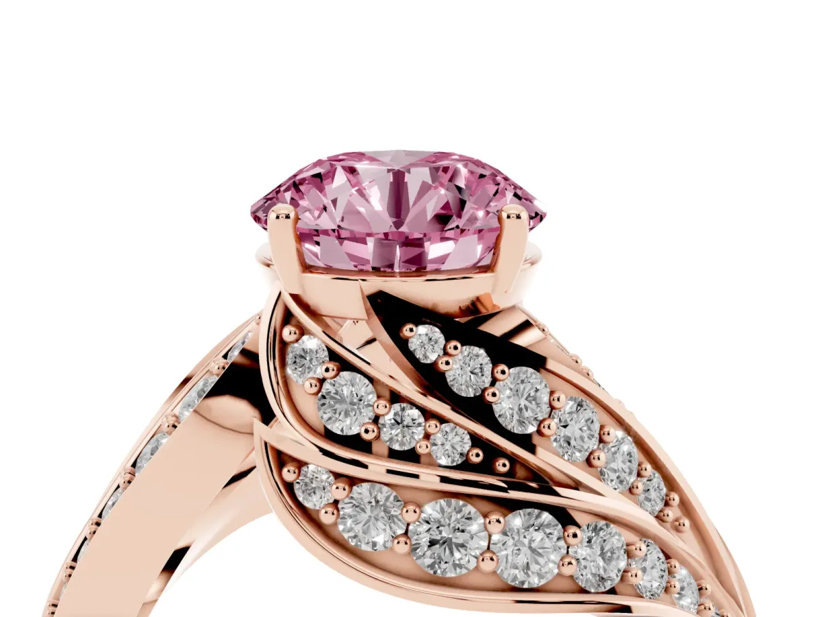 Fancy Pink Round Cut Diamond Solitaire Ring with Prong Setting and Twisted Pavé Band Rose gold