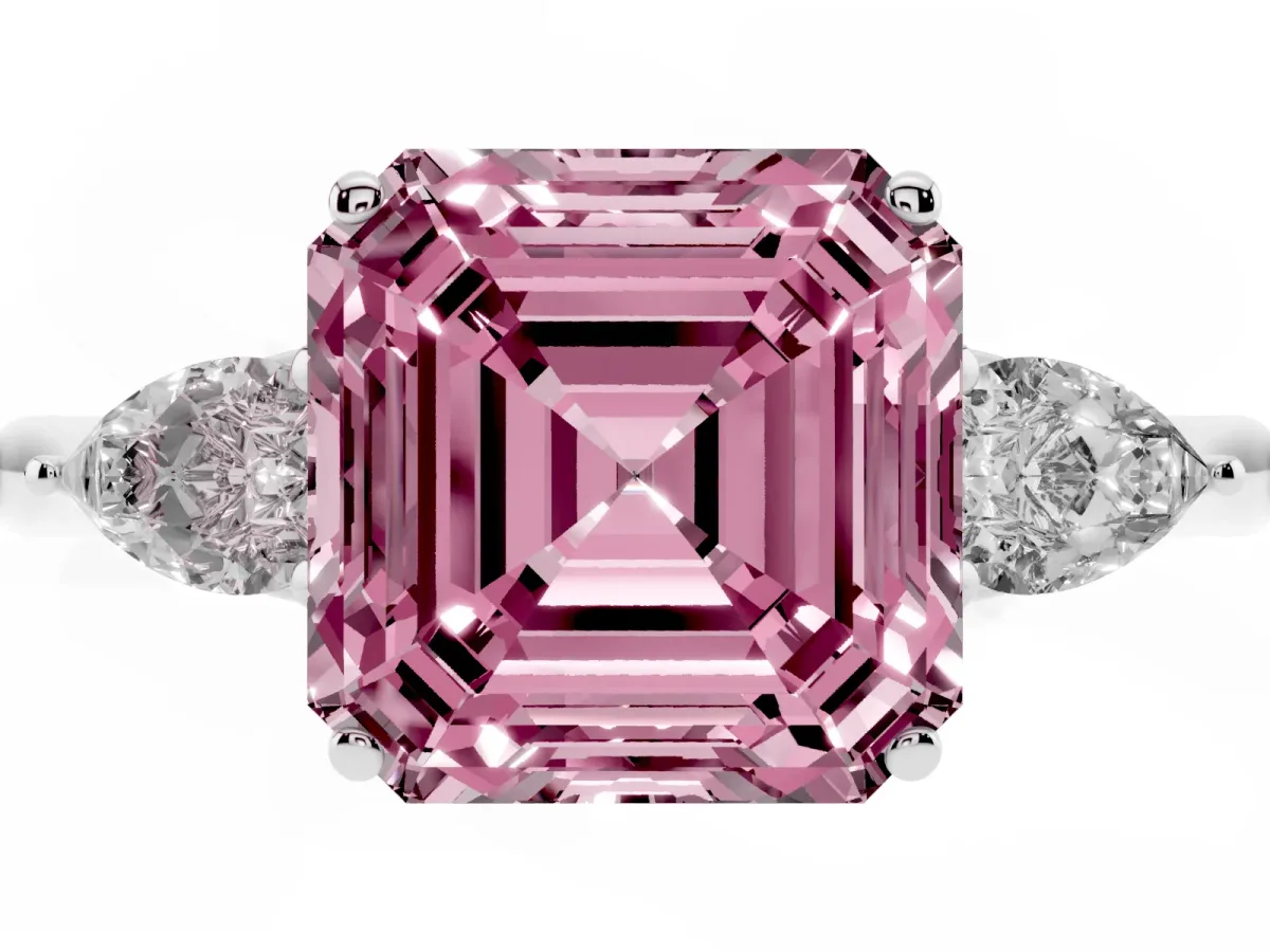 Fancy Pink Three-Stone Asscher Cut Brilliant Diamond Solitaire Ring with Tapered Band and Four-Prong Setting Platinum