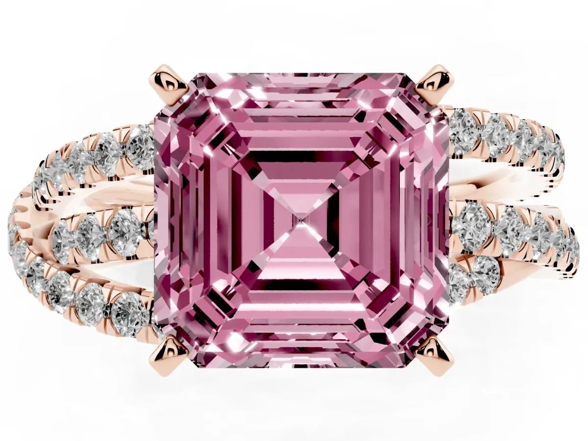 Fancy Pink Asscher Cut Solitaire Twist Band with Pavé Setting and Four-Prong Setting Rose gold