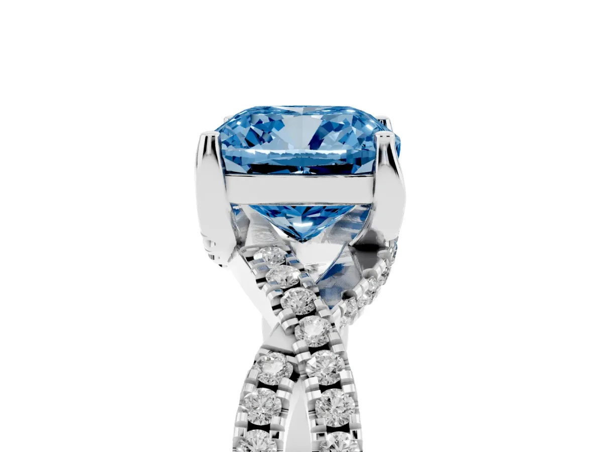 Fancy Blue Cushion Cut Solitaire Twist Pave Diamond Engagement Ring with Prong Setting Silver