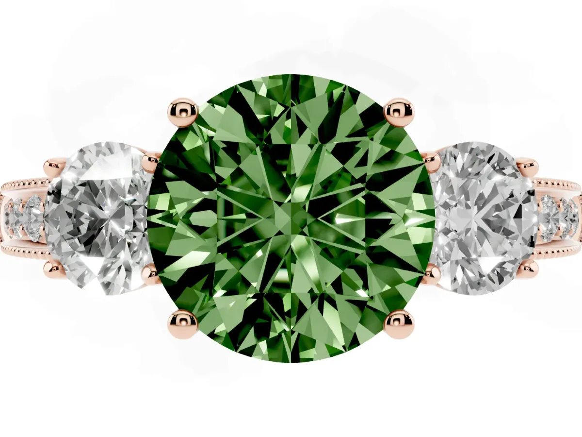 Fancy Green Round Cut Three-Stone Diamond Ring with Pavé Band and Four-Prong Setting Rose gold