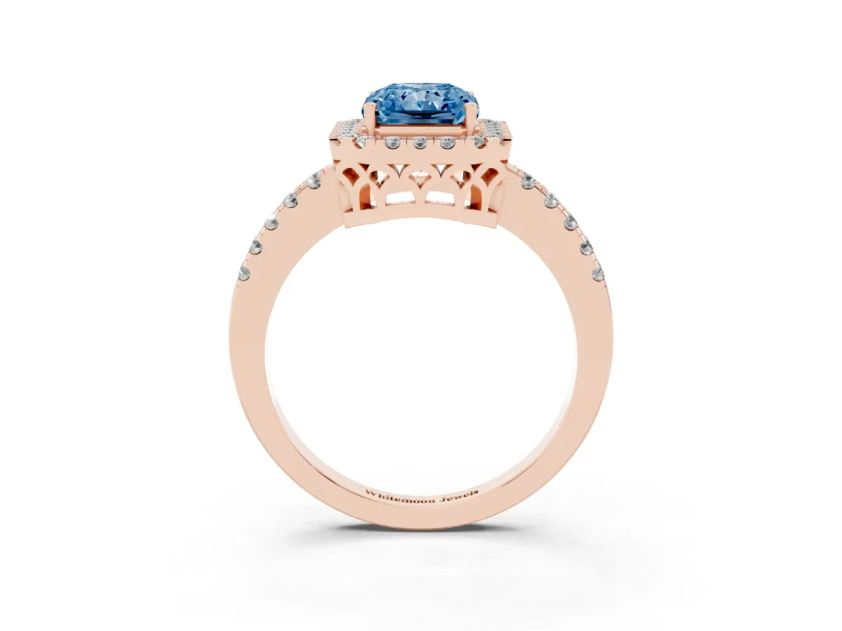 Fancy Blue Radiant Cut Halo Diamond Engagement Ring with Pavé Band and Four-Prong Setting Rose gold