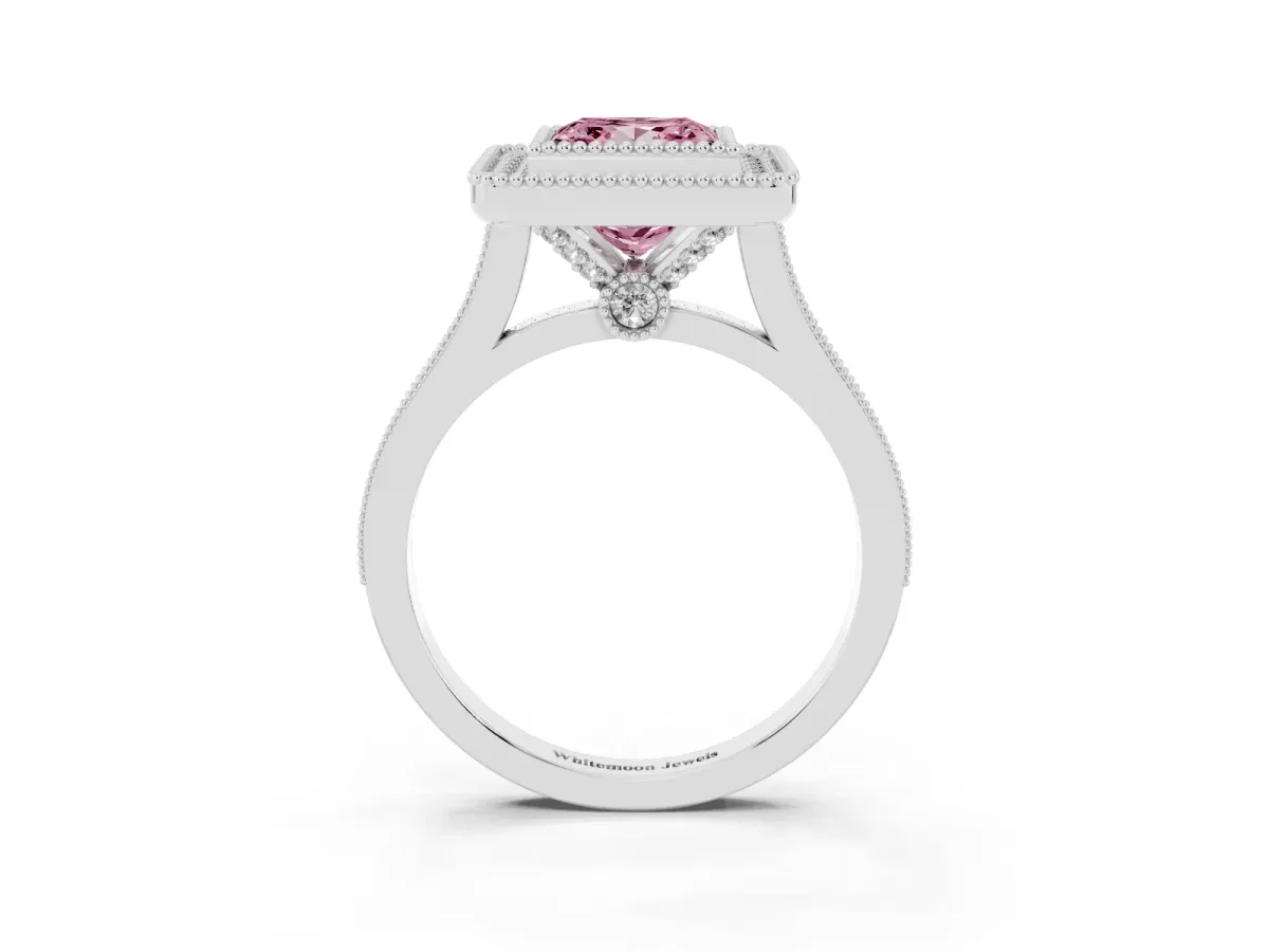 Fancy Pink Princess Cut Diamond Halo Ring with Milgrain Frame and Pavé Band Silver
