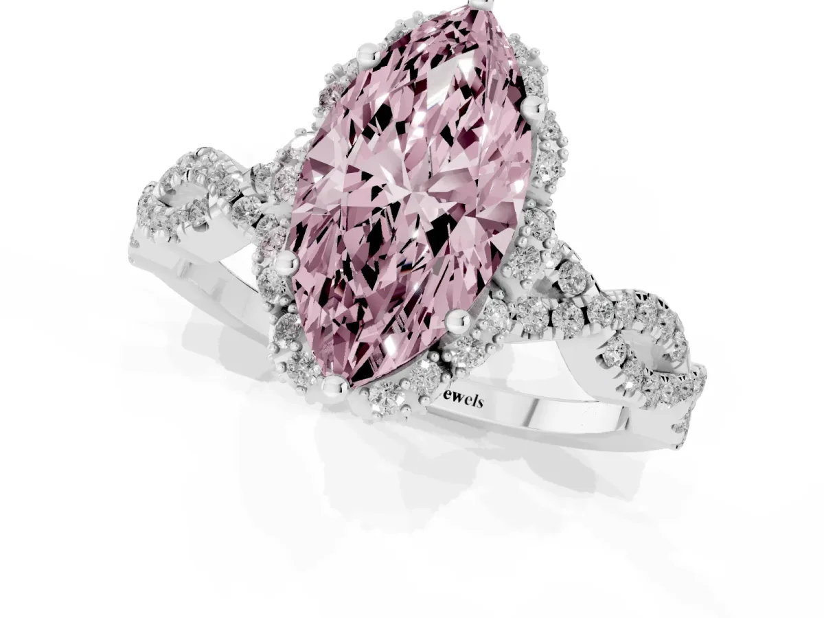 Fancy Pink Marquise Cut Halo Twist Band Solitaire Ring with Six-Prong Setting Silver