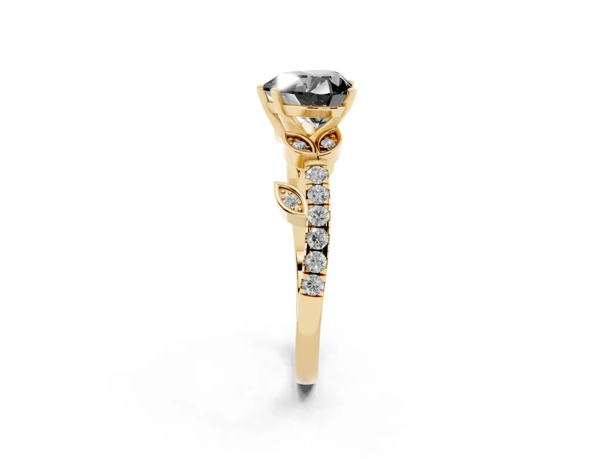 Fancy Black Heart Cut Solitaire Leaf-Inspired Diamond Ring with Pavé Band and Four-Prong Setting Yellow gold