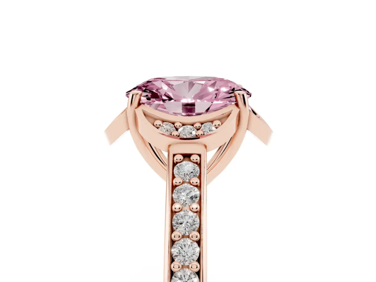 Fancy Pink Oval Cut Cut Halo Diamond Ring with Channel Set Band and Four-Prong Setting Rose gold