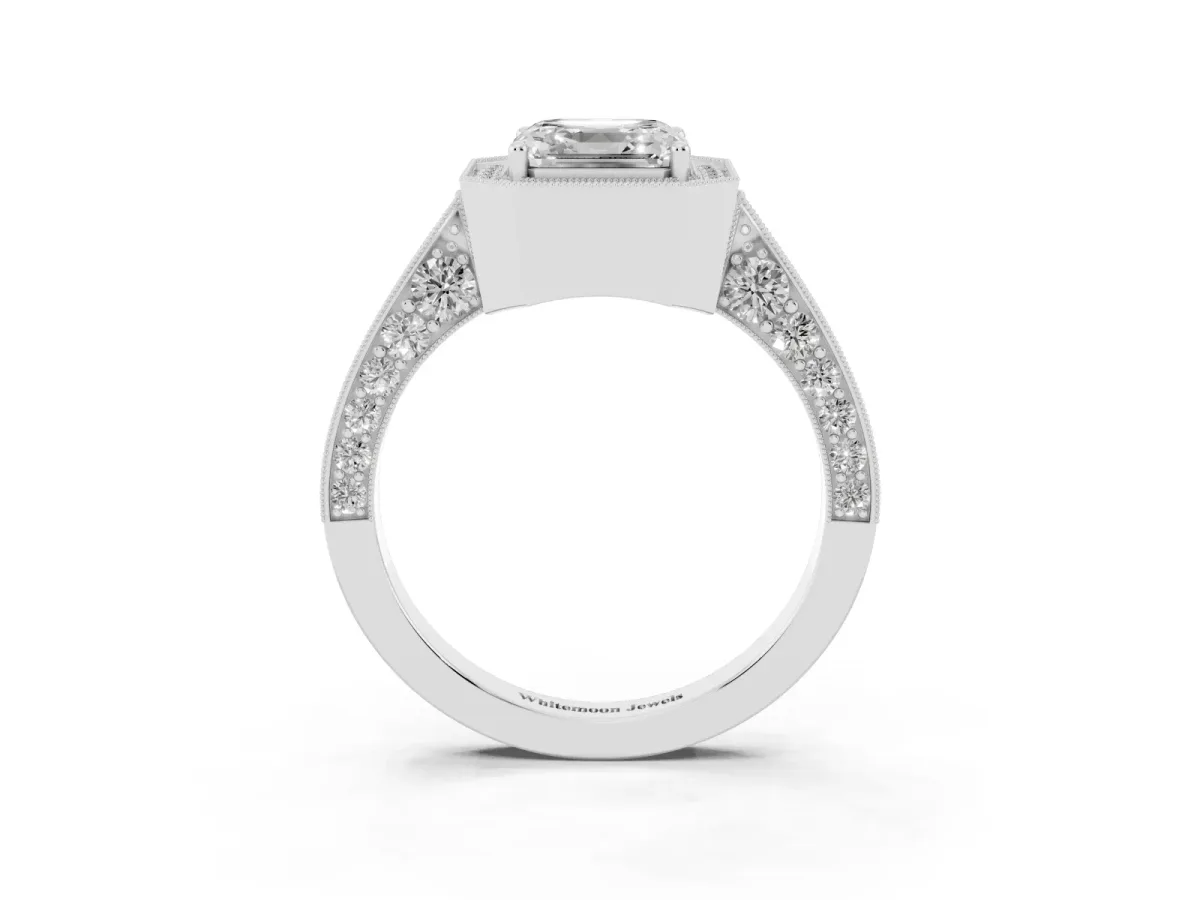 Asscher Cut Halo Diamond Engagement Ring with Split Shank Band and Four-Prong Setting Silver