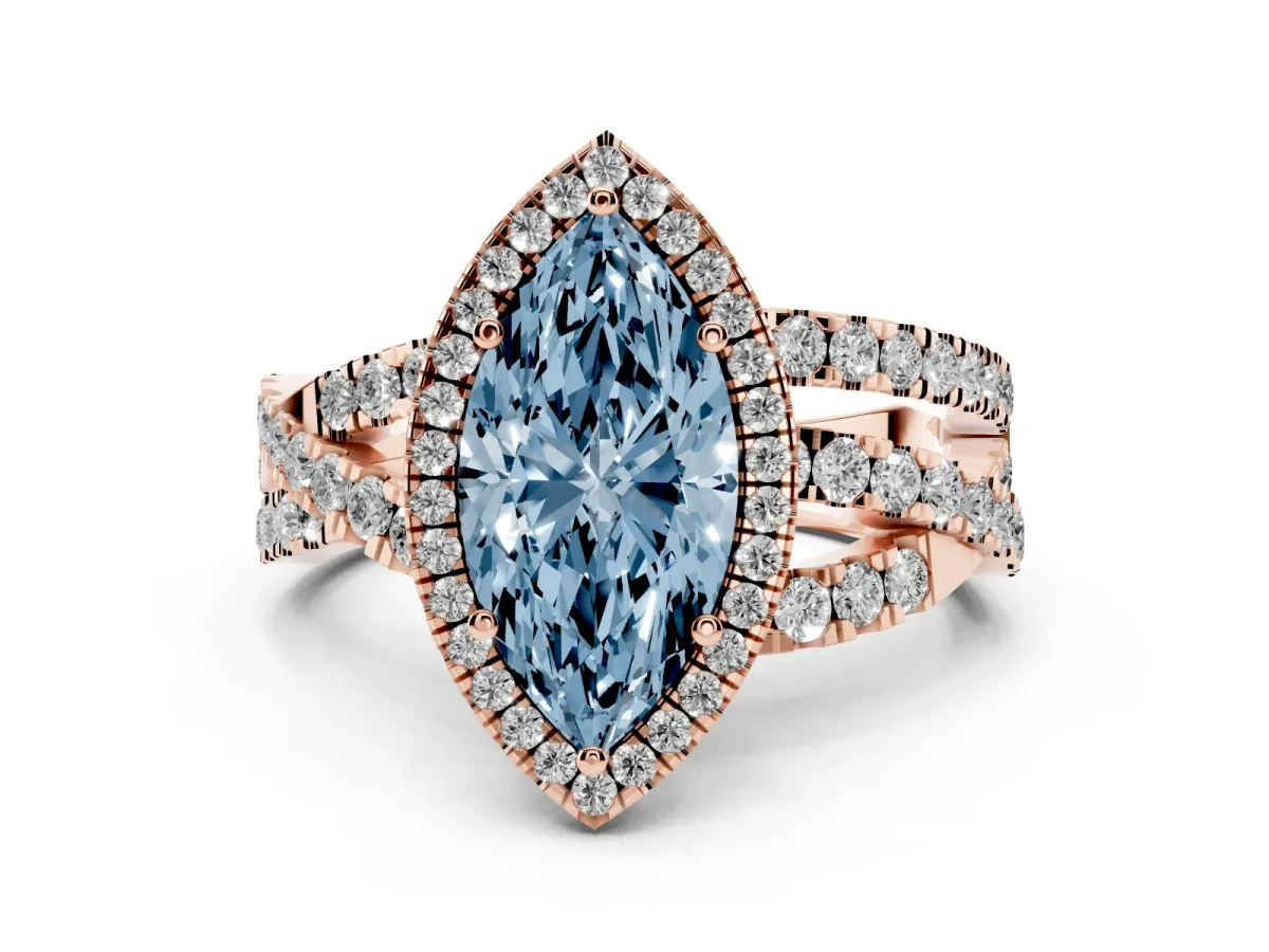 Fancy Blue Marquise Cut Diamond Halo Ring with Round Split Shank and Prong Setting Rose gold