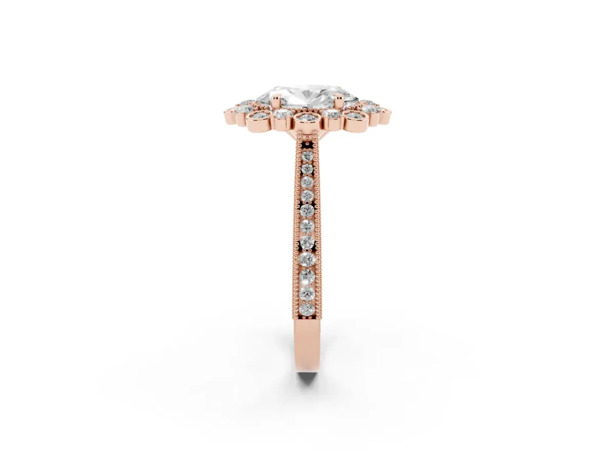 Oval Cut Halo Milgrain Pave Diamond Ring with Four-Prong Setting Rose gold