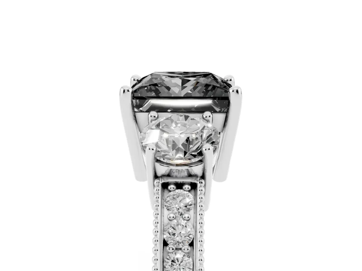 Fancy Black Princess Cut Three-Stone Diamond Ring with Pavé Band and Four-Prong Setting Silver