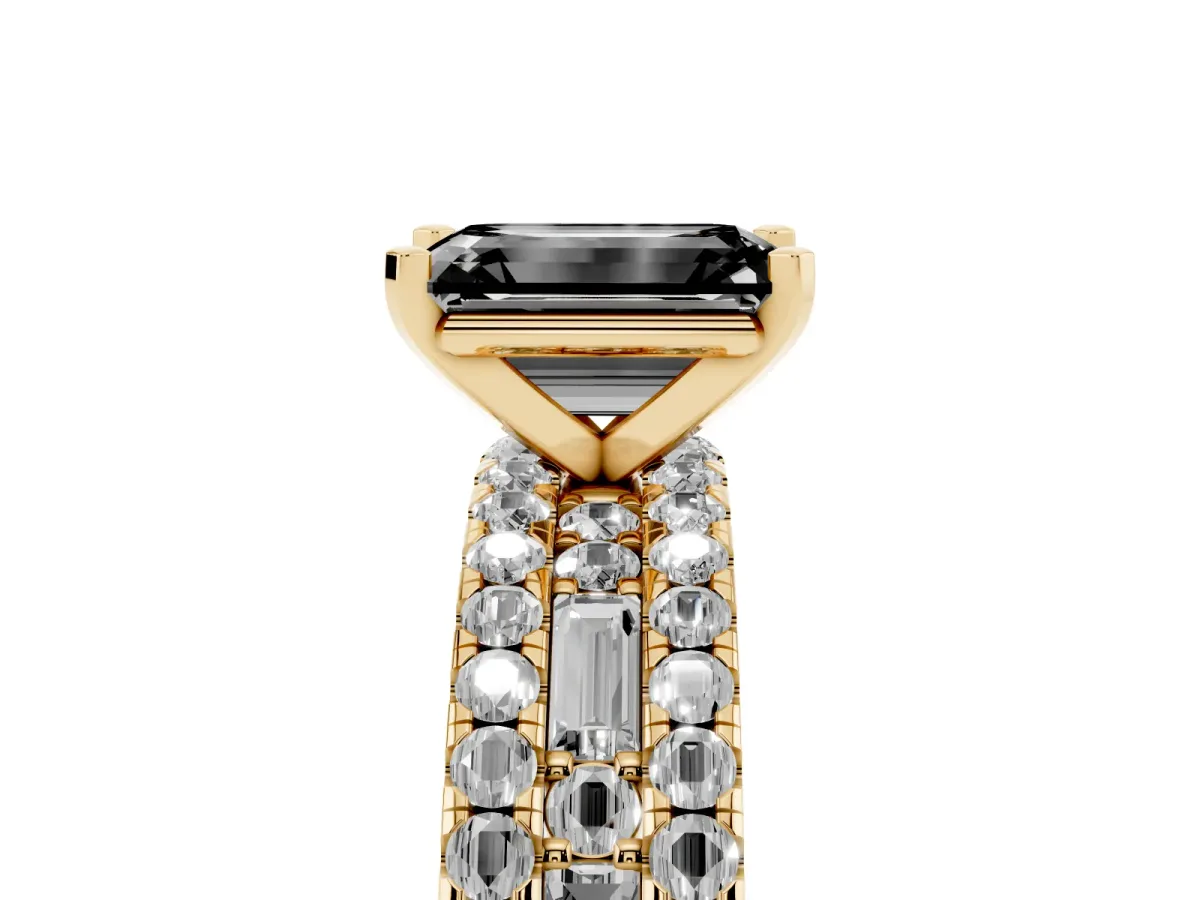 Fancy Black Emerald Cut Diamond Solitaire Ring with Pavé and Channel Set Band Yellow gold