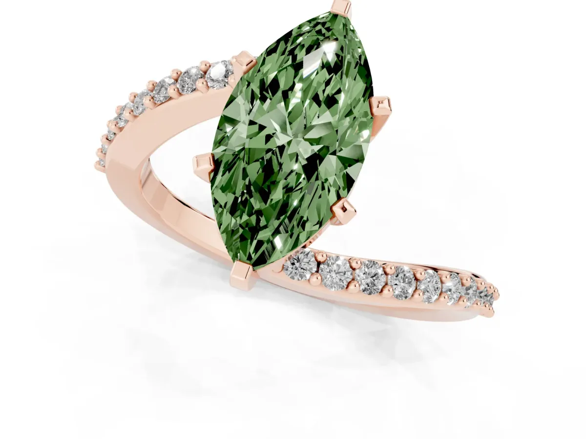 Fancy Green Marquise Cut Solitaire Twist Band with Pave Set Diamonds and Four-Prong Setting Rose gold