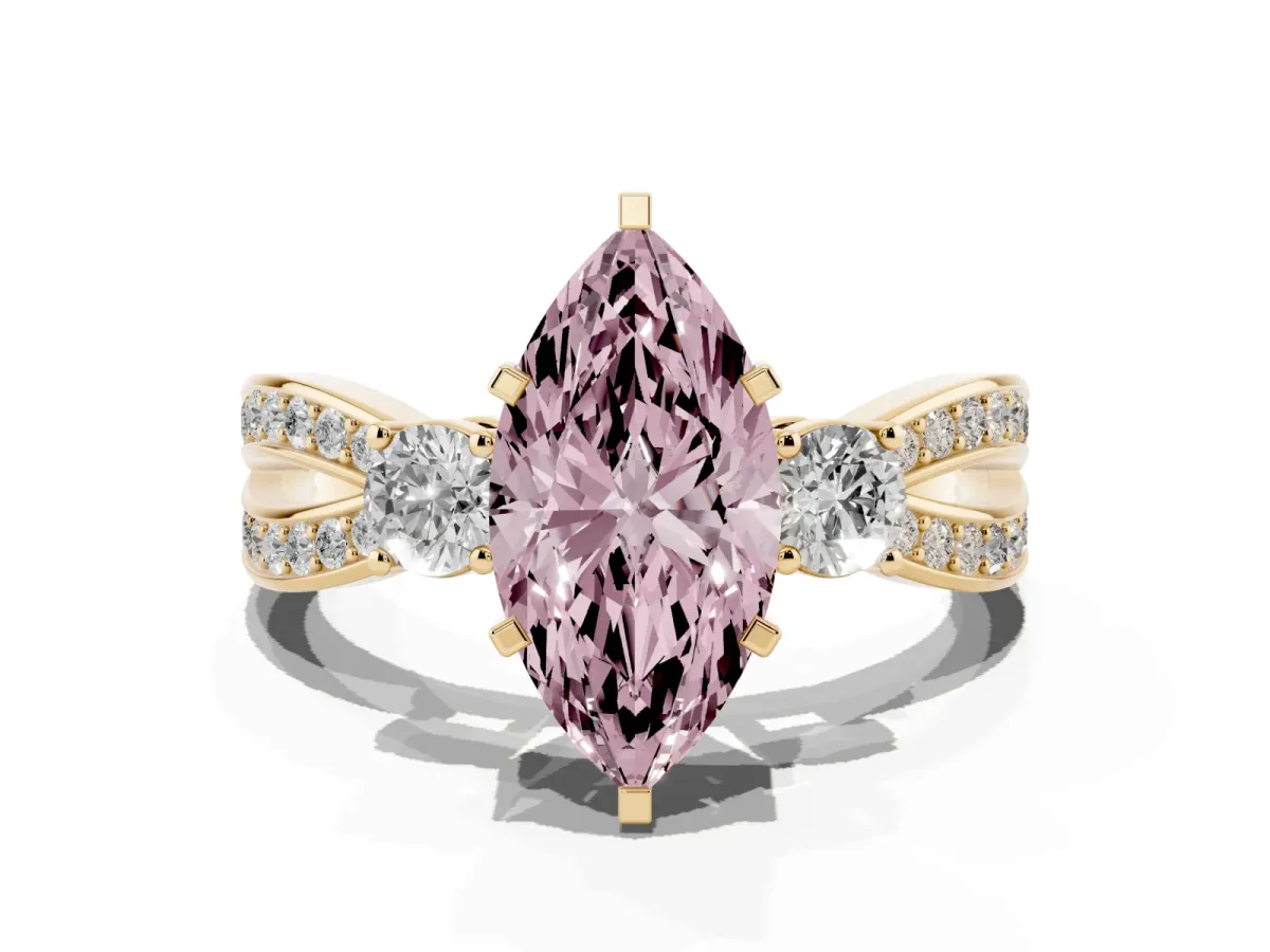 Fancy Pink Three-Stone Marquise Cut Cut Diamond Twist Band with Prong Setting Yellow gold
