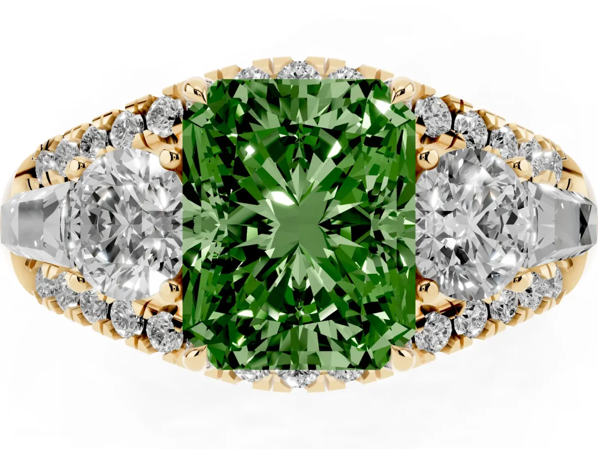 Fancy Green Three-Stone Radiant Cut Diamond Engagement Ring with Pave Band and Prong Setting Yellow gold