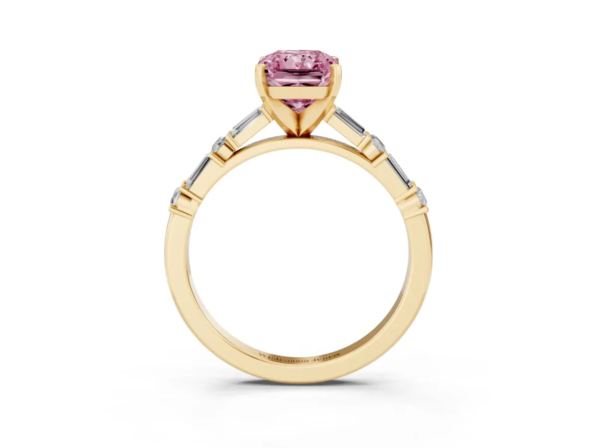 Fancy Pink Radiant Cut Diamond Solitaire with Side Baguettes and Channel Set Band Yellow gold