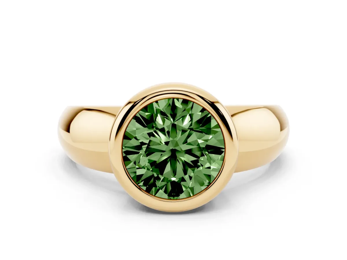 Fancy Green Bezel Set Round Cut Solitaire Ring with Wide Band Yellow gold
