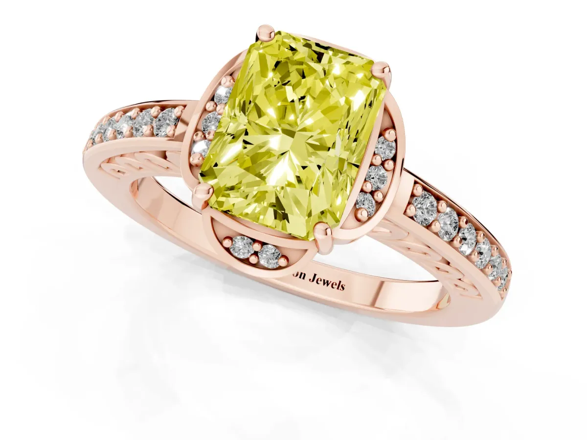Fancy Yellow Radiant Cut Cut Halo Diamond Ring with Channel Set Band and Four-Prong Setting Rose gold