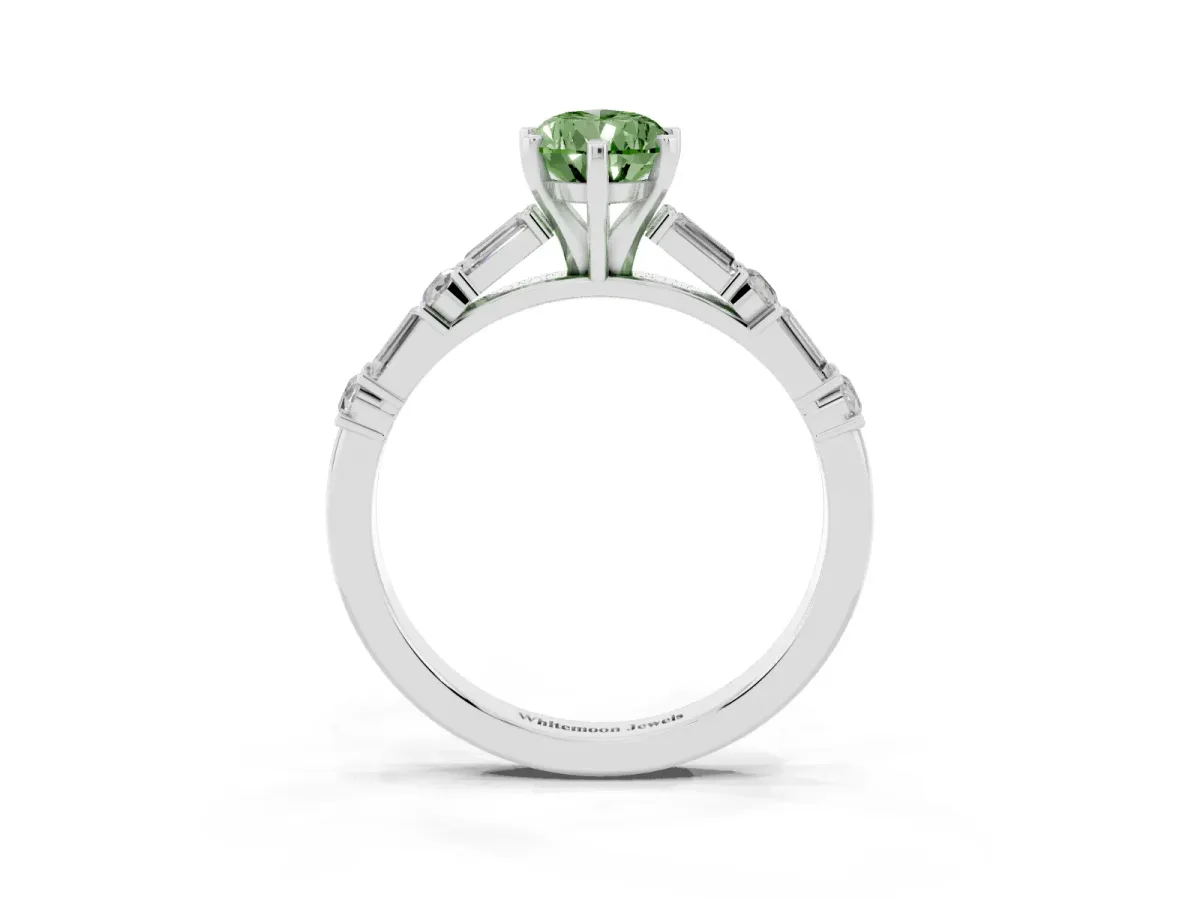 Fancy Green Pear Cut Diamond Solitaire with Side Baguettes and Channel Set Band Platinum