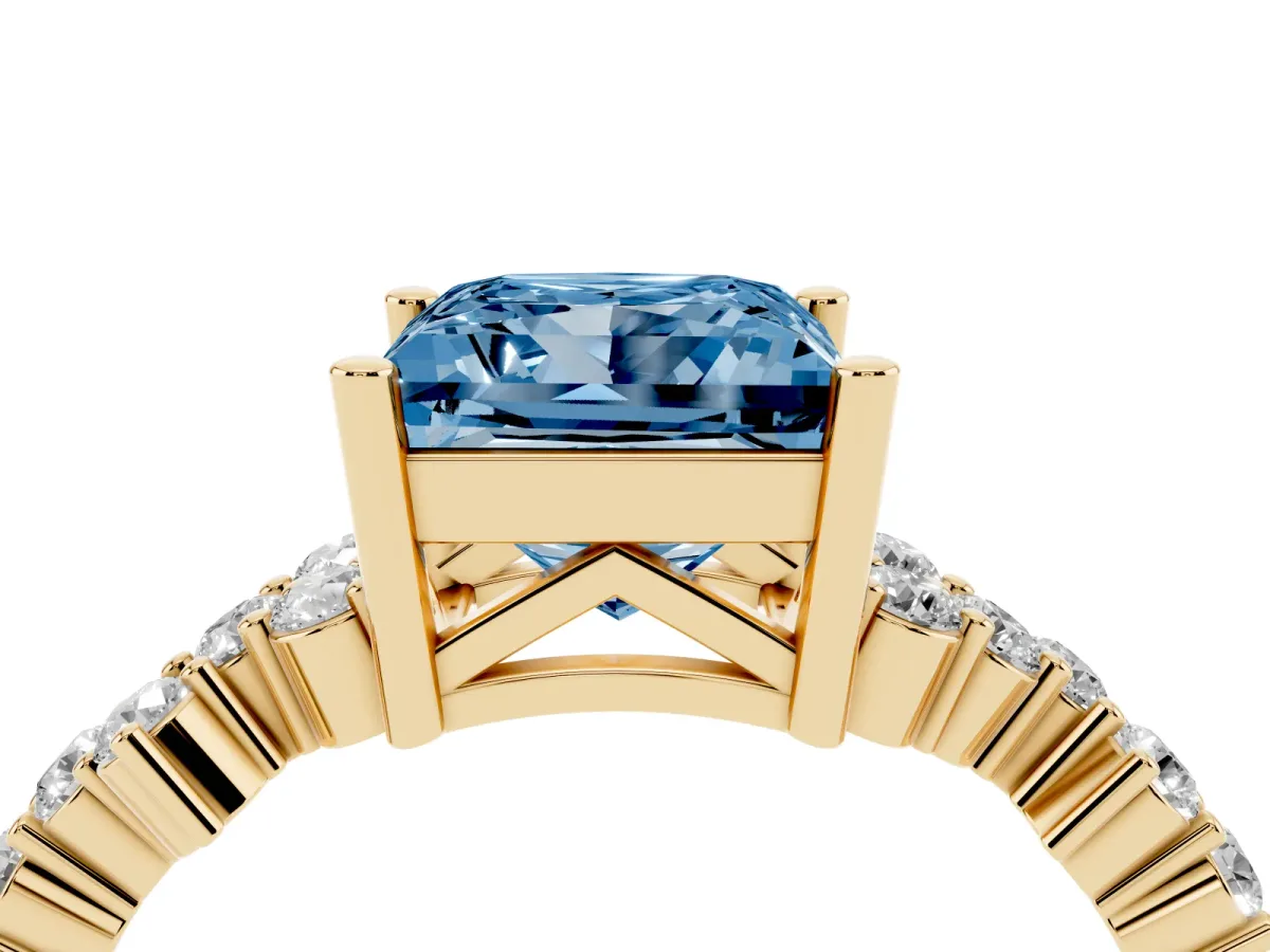 Fancy Blue Princess Cut Diamond Scattered Round Accent Ring with Prong Setting Yellow gold