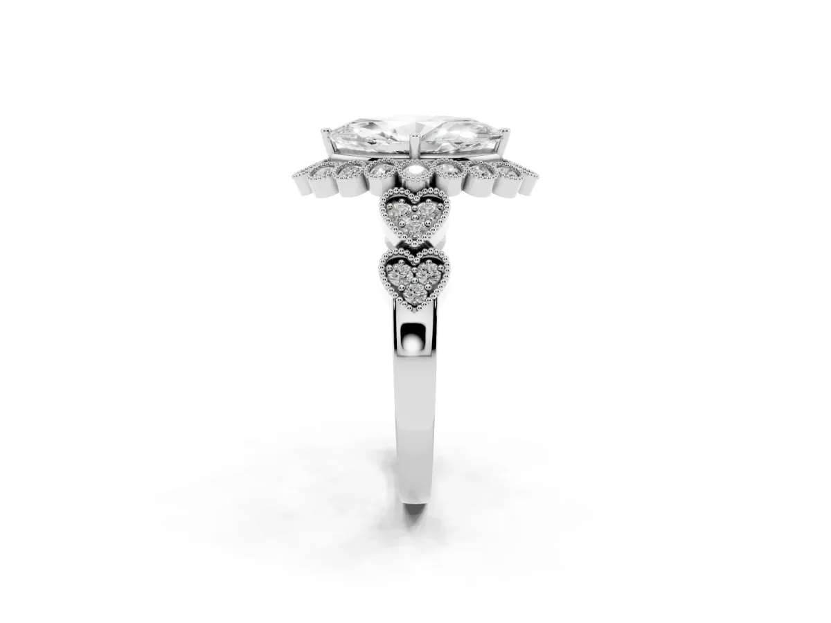 Marquise Cut Brilliant Milgrain Pave Heart Band Solitaire Ring Platinum