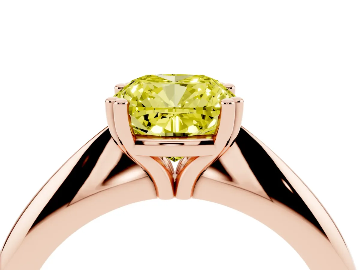Fancy Yellow Cushion Cut Cut Solitaire Engagement Ring with Tapered Band and Four-Prong Setting Rose gold