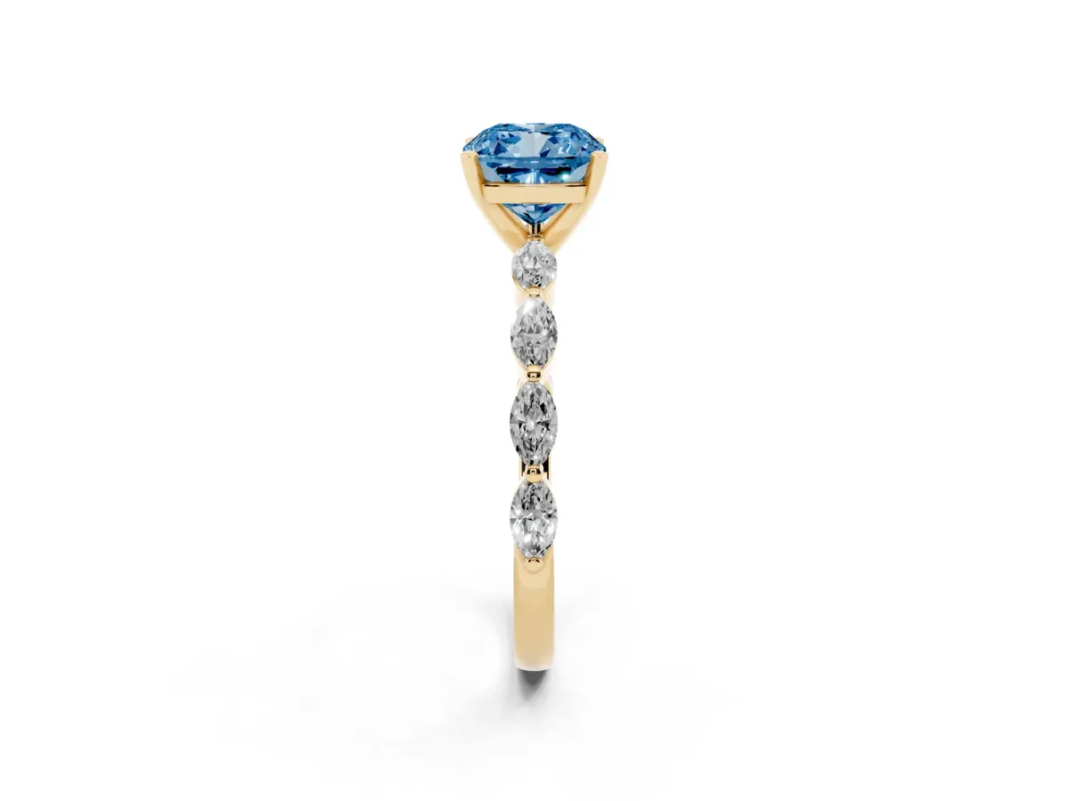 Fancy Blue Cushion Cut Diamond Ring with Marquise Side Stones and Prong Setting Yellow gold