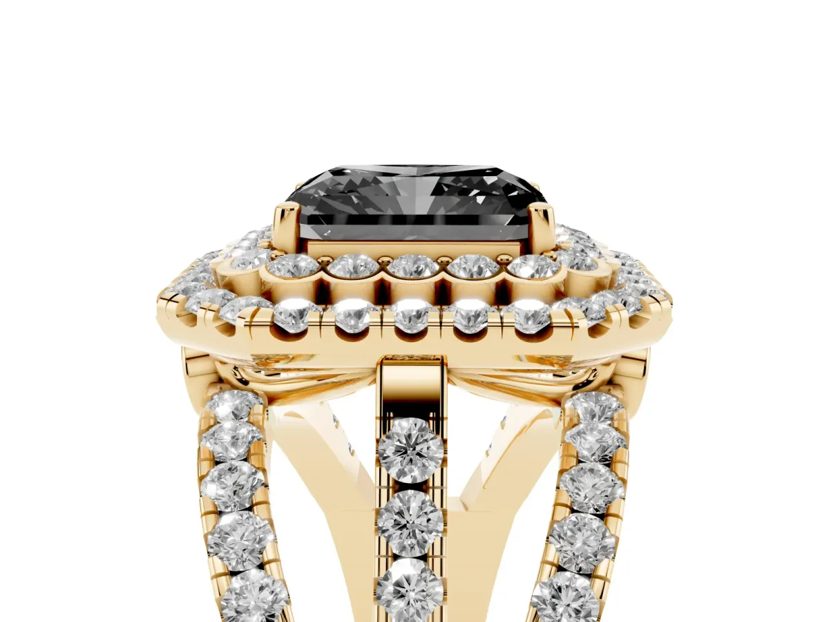 Fancy Black Radiant Cut Diamond Double Halo Ring with Round Pavé Split Shank and Prong Setting Yellow gold