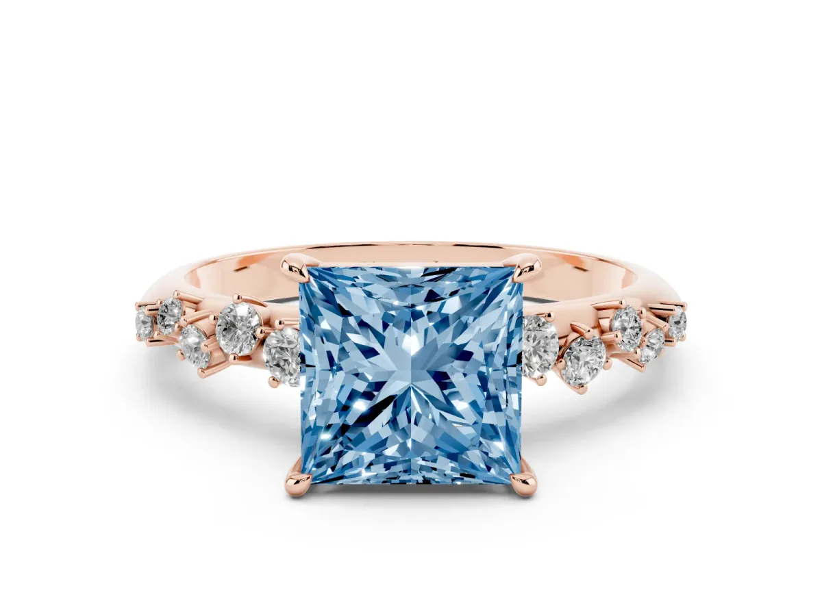 Fancy Blue Princess Cut Diamond Cluster Side Stone Solitaire Ring with Prong Setting Rose gold