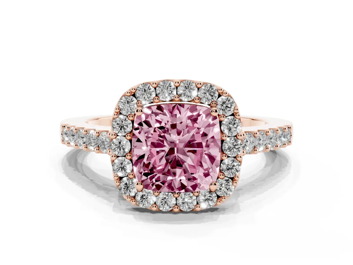 Fancy Pink Cushion Cut Halo Diamond Pavé Solitaire Ring Rose gold