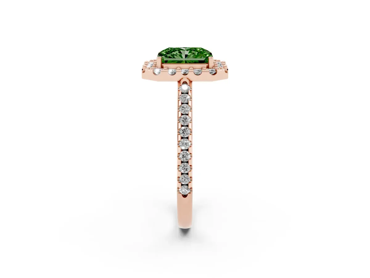 Fancy Green Radiant Cut Diamond Pavé Halo Ring with Four-Prong Setting Rose gold