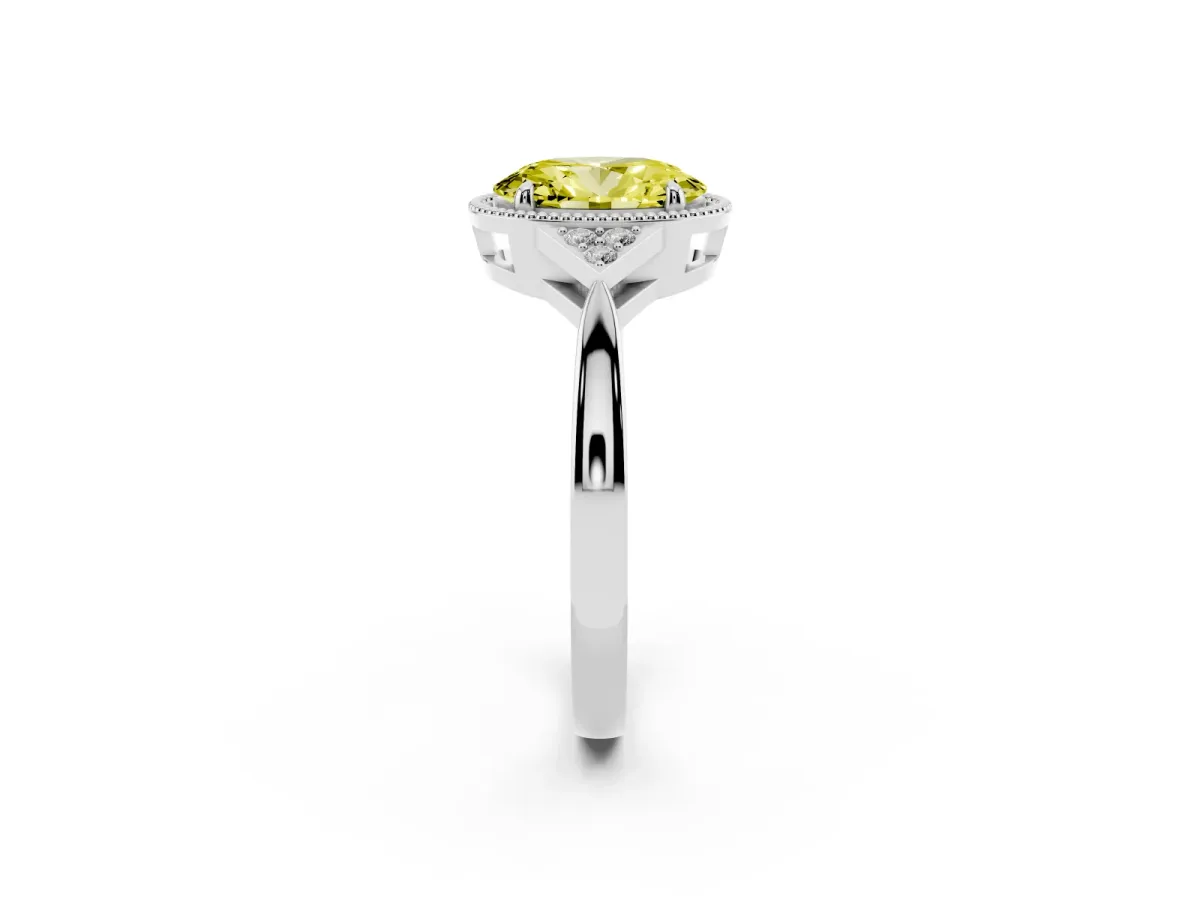 Fancy Yellow Hexagonal Halo Oval Cut Diamond Solitaire with Pavé Band and Four-Prong Setting Silver